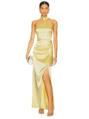 MORE TO COME Darcey Maxi Dress in Butter Yellow Small New Womens Satin Long Gown